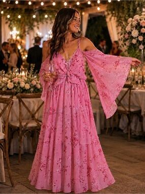 Pink Floral Off-Shoulder Maxi Dress